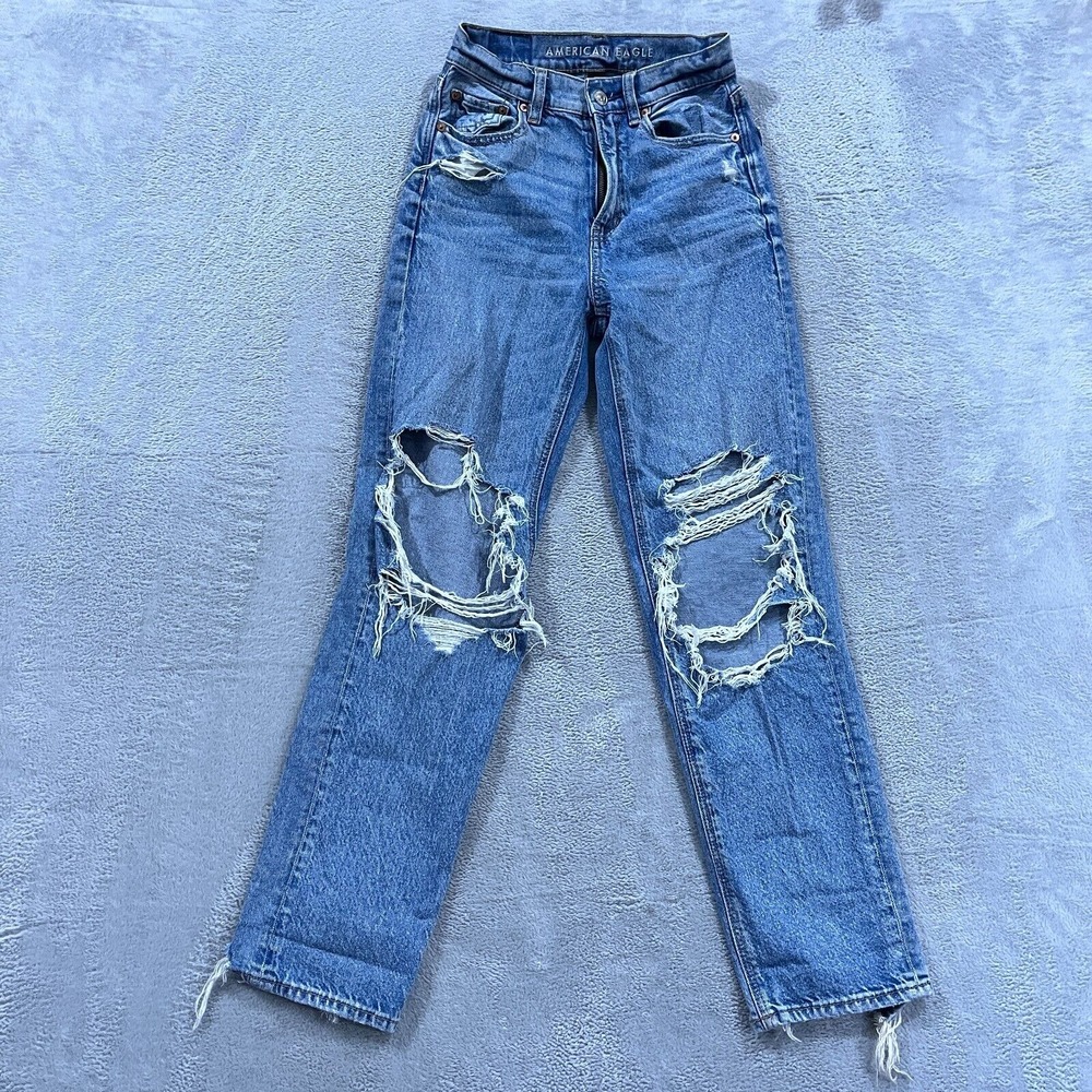 American Eagle Jeans Womens 000‎ Short Highest Rise Baggy Straight Distressed